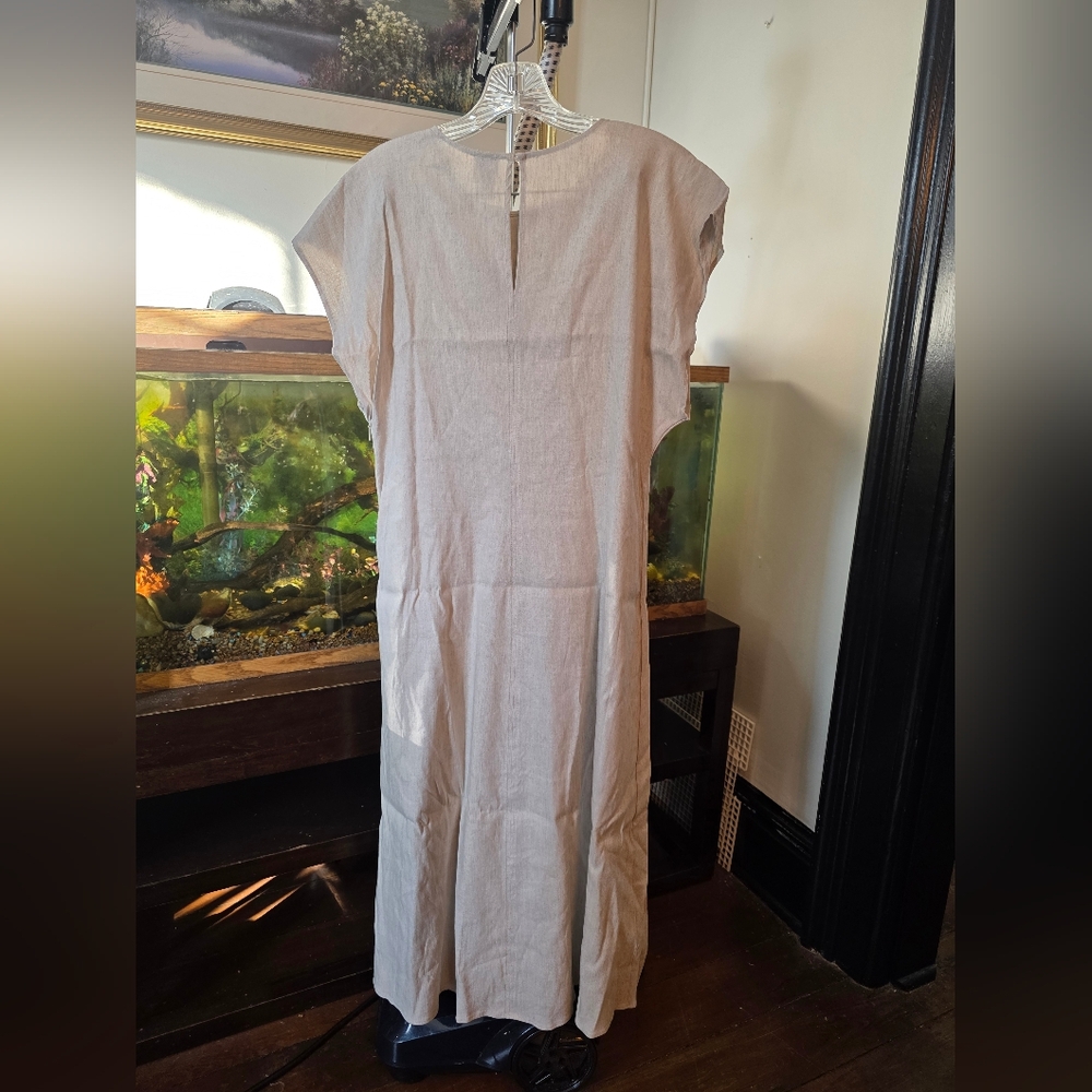 New Calvin Klein Linen Stretch Elegant Cream Midi Dress Large - Picture 3 of 13